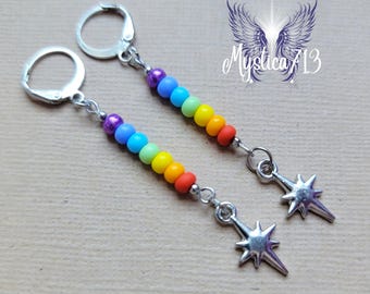 May include: Rainbow beaded earrings with silver star charms. The beads are in the order of purple, blue, green, yellow, orange, and red.