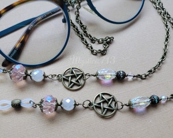 Lanière de chaîne de lunettes pastels et pentacles ~ Pentagramme magique fée Cottagecore esthétique ~ Pour lunettes de vue, lunettes de soleil, etc.