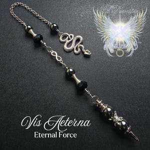 Op de afbeelding: Een zilverkleurige pendel met een slangenhanger en zwarte kralen. De pendel heeft een ketting, een oneindigheidssymbool en een punt. De tekst "Vis Aeterna Eternal Force" staat onderaan.