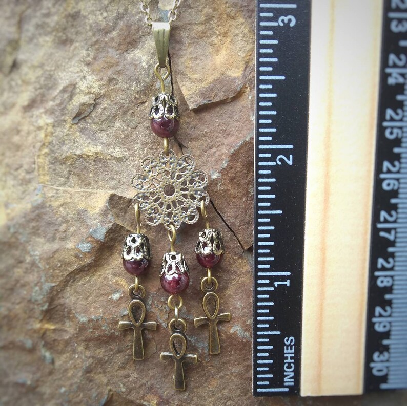 Garnet and Ankh Charm Antique Brass Finish Necklace