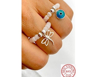 Evil Eye Ring, Pearl glass beaded stretch ring, Sterling Silver Dragonfly Charm Ring, Stacking Ring, Good Luck, 925 silver evil eye charm