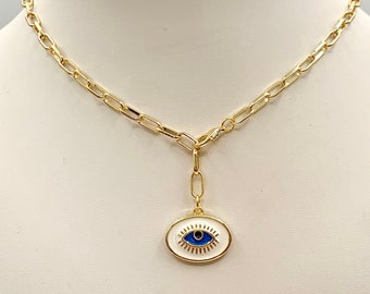 Evil eye necklace, Gold Paperclip chain, Layering necklace, Protection necklace, Evil eye jewelry, Mother’s day gift, Trendy Gold layers