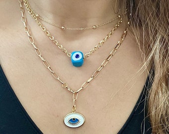 Evil Eye Necklace, Gold chain necklace, Paperclip chain, Layering Necklace, Evil eye bead, Rhodium plated necklace, Trendy Summer Necklace
