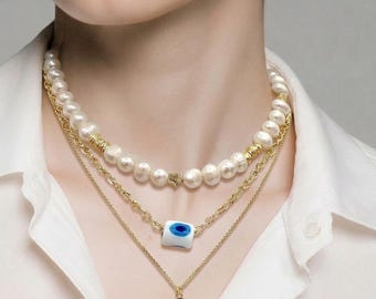 Evil Eye Layering necklace, Pearl beaded choker, Hamsa protection charm
