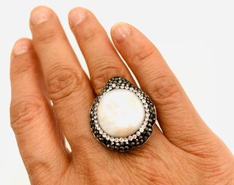 Mother of pearl ring, Bronze ring, Adjustable band ring, Vintage ring, Wedding jewelry, Bridesmaid gift, Marcasite jewelry, Big stone ring