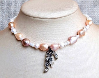 Pearl statement necklace, 925 Silver pendant necklace, Mother of bride necklace, One of a kind blush pearl beaded necklace, Gift for mother