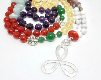 Chakra Mala, sautoir spirituel, collier de 108 perles, collier de guérison, pendentif en argent Mala,collier de méditation multicolore,Yoga