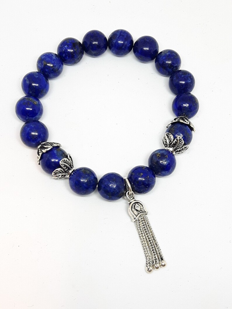 Lapis silver tassel elastic bracelet,Healing bracelet,925 silver jewelry,Design boho bracelet,Valentines gift,Birthstone,Yoga,Meditation