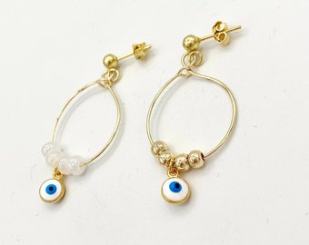 Evil eye earrings, 925 sterling silver earrings, Evil eye jewelry, Dangle Drop earrings, Gold hoop earrings, Screw back light hoop earrings