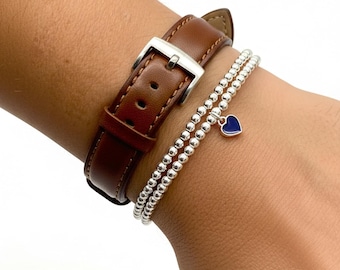 Armband mit Herzanhänger, Sterlingsilber, 3 mm Perlen