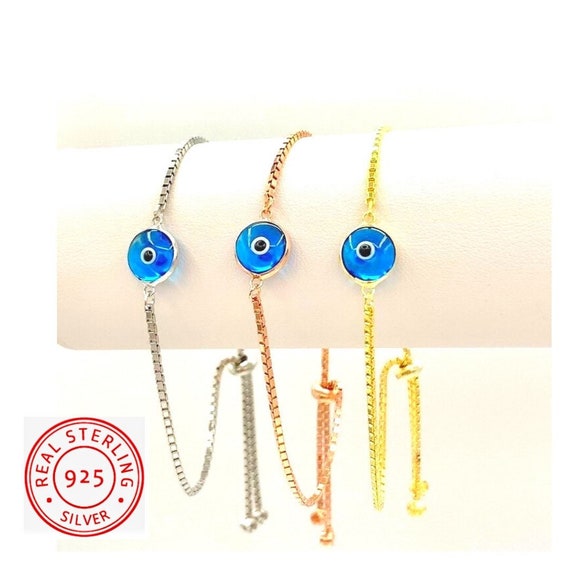 Sterling Silver Evil Eye Bracelet, Adjustable Slider Chain  925 Sterling Silver Evil Eye Adjustable Bracelet main image 0