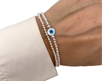 925 silver stacked bracelets, Sterling silver beaded evil eye bracelet, Shell charm stretch bracelet, Meaningful gift for her, Evil eye bead