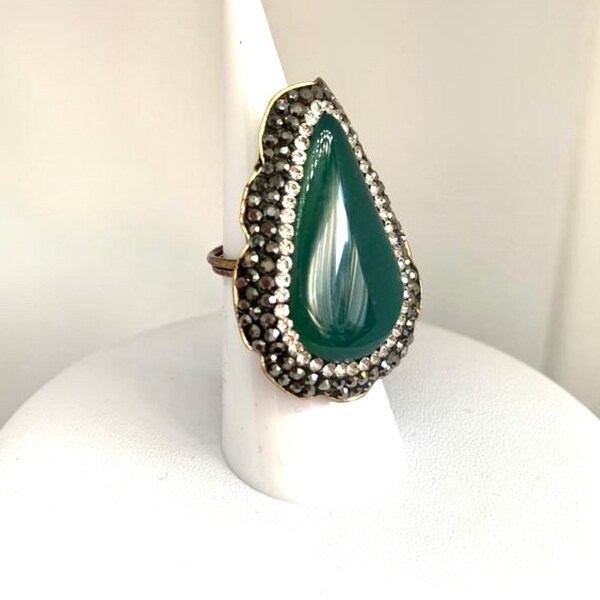 Bague en agate verte,bijoux en marcassite,bague réglable en forme de larme,bague Vintage bronze,mariage,chakra de guérison, fête des mères