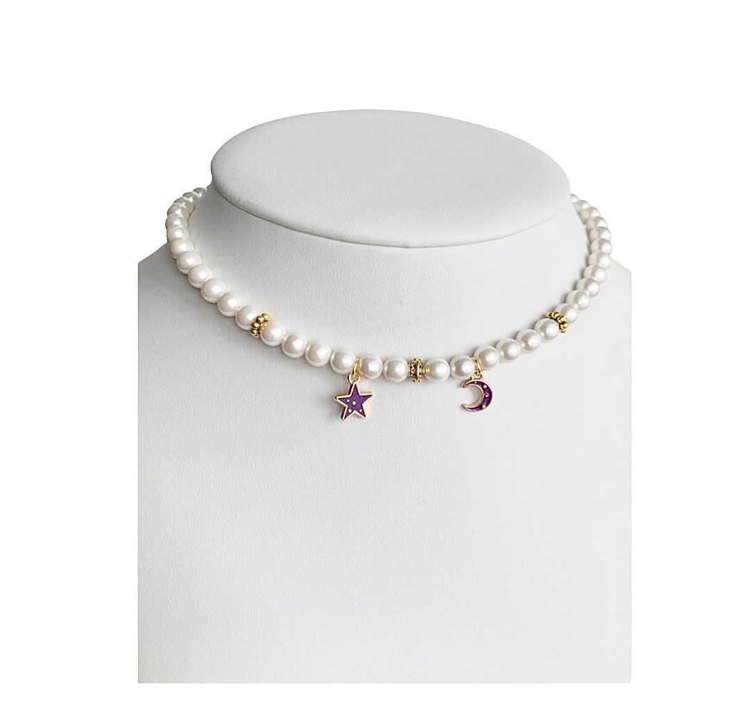 Pearl Statement Necklace Pearl Beaded Charm Necklace Moon Etsy