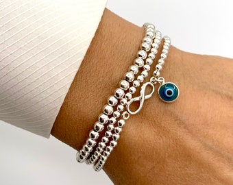 Evil Eye Charm Bracelet, 925 Sterling Silver Beaded Bracelet, Infinity Charm, Stacked Bracelets, Evil Eye Protection Jewelry, Good Luck
