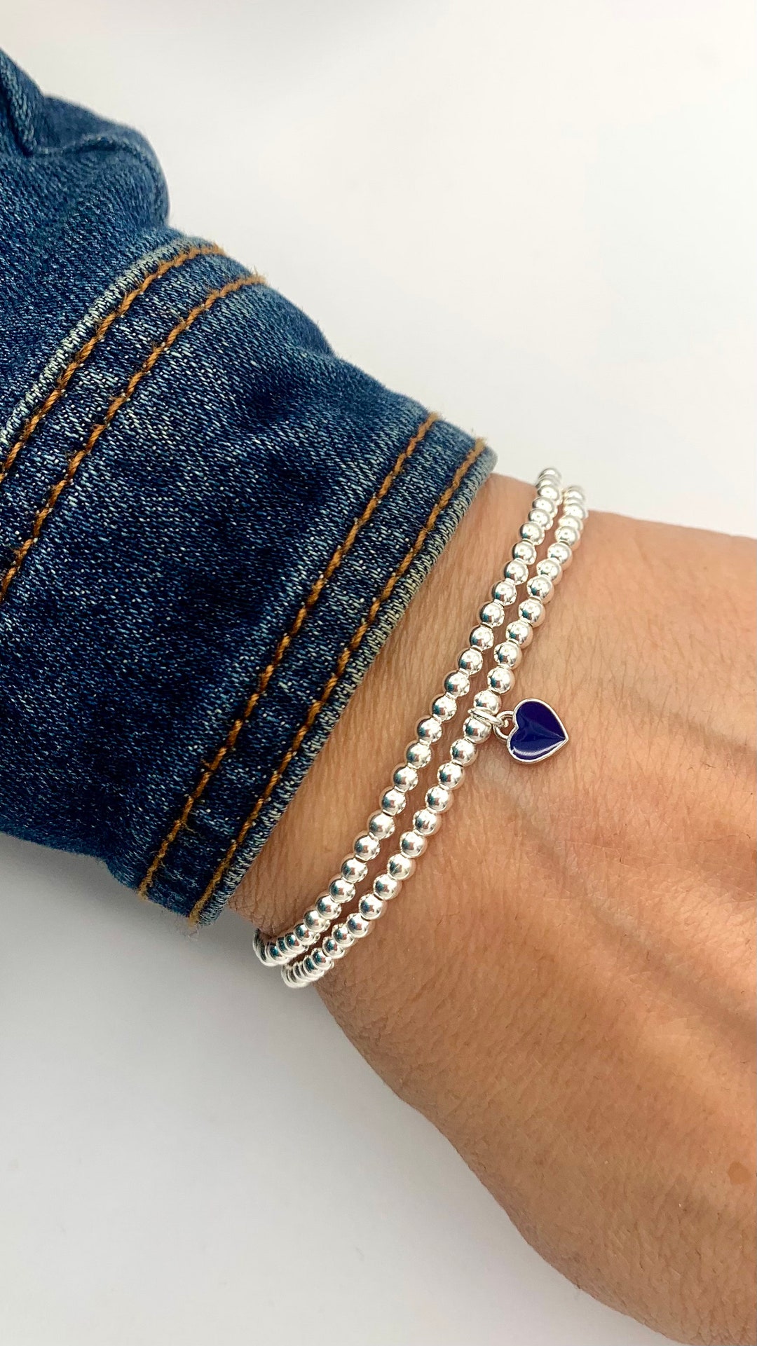 925 Sterling Silver Beaded Bracelets, Heart Charm Stacked Bracelets