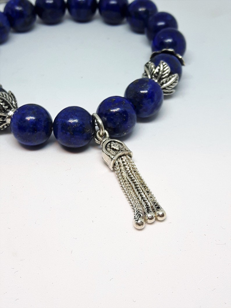 Lapis silver tassel elastic bracelet,Healing bracelet,925 silver jewelry,Design boho bracelet,Valentines gift,Birthstone,Yoga,Meditation