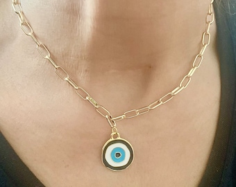 Evil eye necklace, Gold Paperclip chain necklace, Blue evil eye enamel charm, Layering necklace, Evil  eye jewelry, Evil Eye Protection