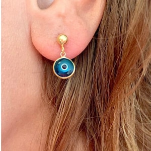925 silver Evil Eye earrings, Evil Eye charm stud earrings, Protection amulet, Minimalist earrings, Friendship earrings, Bridesmaid earrings