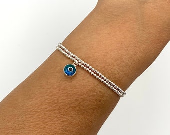 Dainty Evil Eye bracelet, 925 Sterling Silver beaded bracelet, Stacking bracelets with evil eye charm, Unisex bracelet, Minimalist bracelet