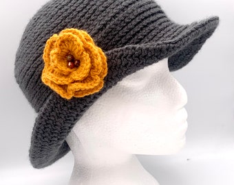 Women's crochet hat, Crochet bucket hat, Crochet flower brimmed hat, Winter accessories, Knit hat crochet,  Handmade Ladies Retro Hat