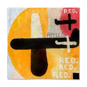 May include: Abstract painting with a yellow and orange background, featuring a large black cross shape. The word "APPLES" is visible, along with the word "RED" repeated multiple times. A red square is in the upper right corner.