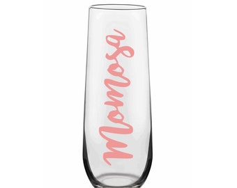 Momosa Champagne Flute, Momosa Champagne Glass, Mothers Day Glass, Mothers Day Gifts, Party Favors, Baby Shower Glass, New Mom Gifts