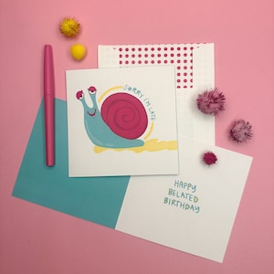 Désolé je suis en retard carte d'anniversaire | Papeterie drôle de joyeux anniversaire | Carte de voeux mignon escargot