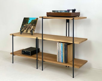 Oak 'Hinge' Record stand // Media Unit  // Tv Stand // Vinyl Storage. [Split 2 /3 tier] Custom sizes & Finishes.