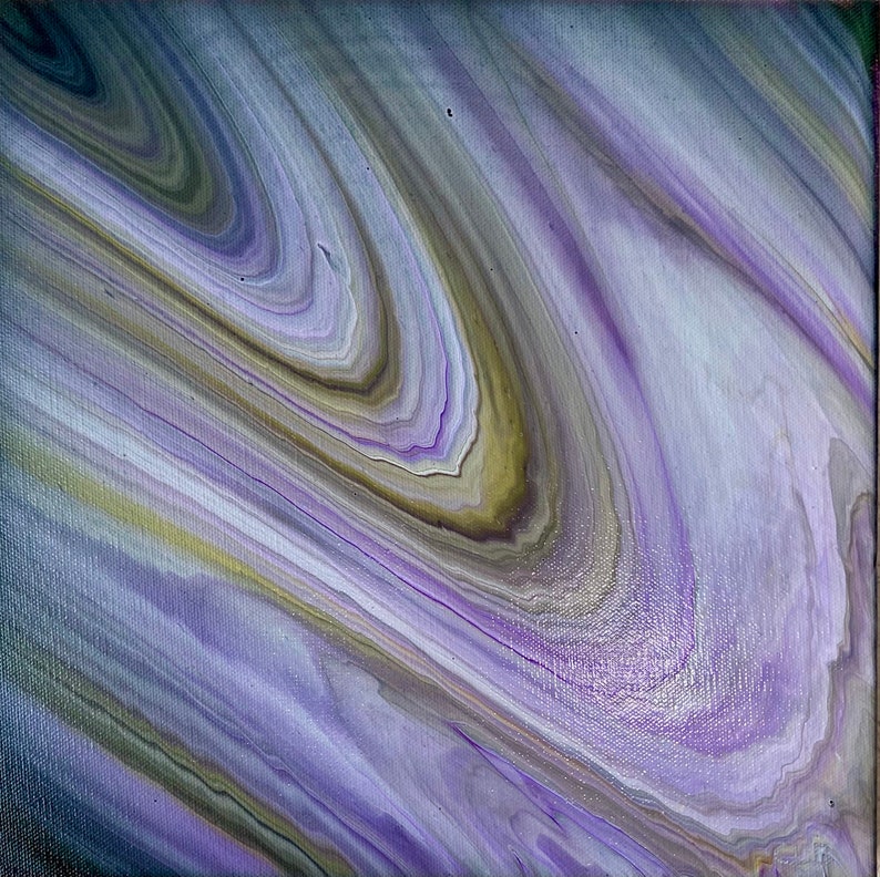Abstract Acrylic Pour Painting on 12x12x1.5 Canvas Acrylic Pour wpurples and blacks Title Teramo
