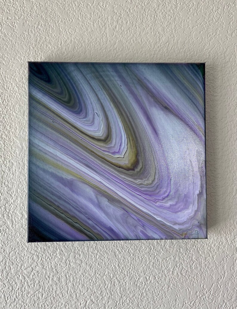 Abstract Acrylic Pour Painting on 12x12x1.5 Canvas Acrylic Pour wpurples and blacks Title Teramo