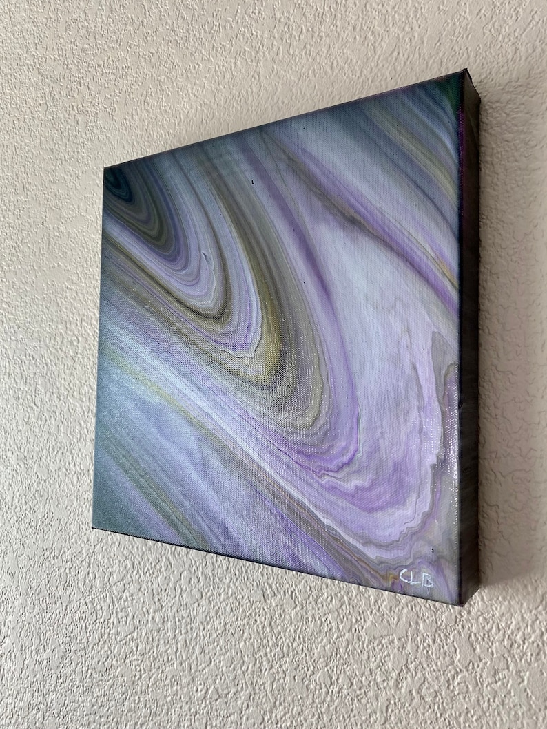 Abstract Acrylic Pour Painting on 12x12x1.5 Canvas Acrylic Pour wpurples and blacks Title Teramo