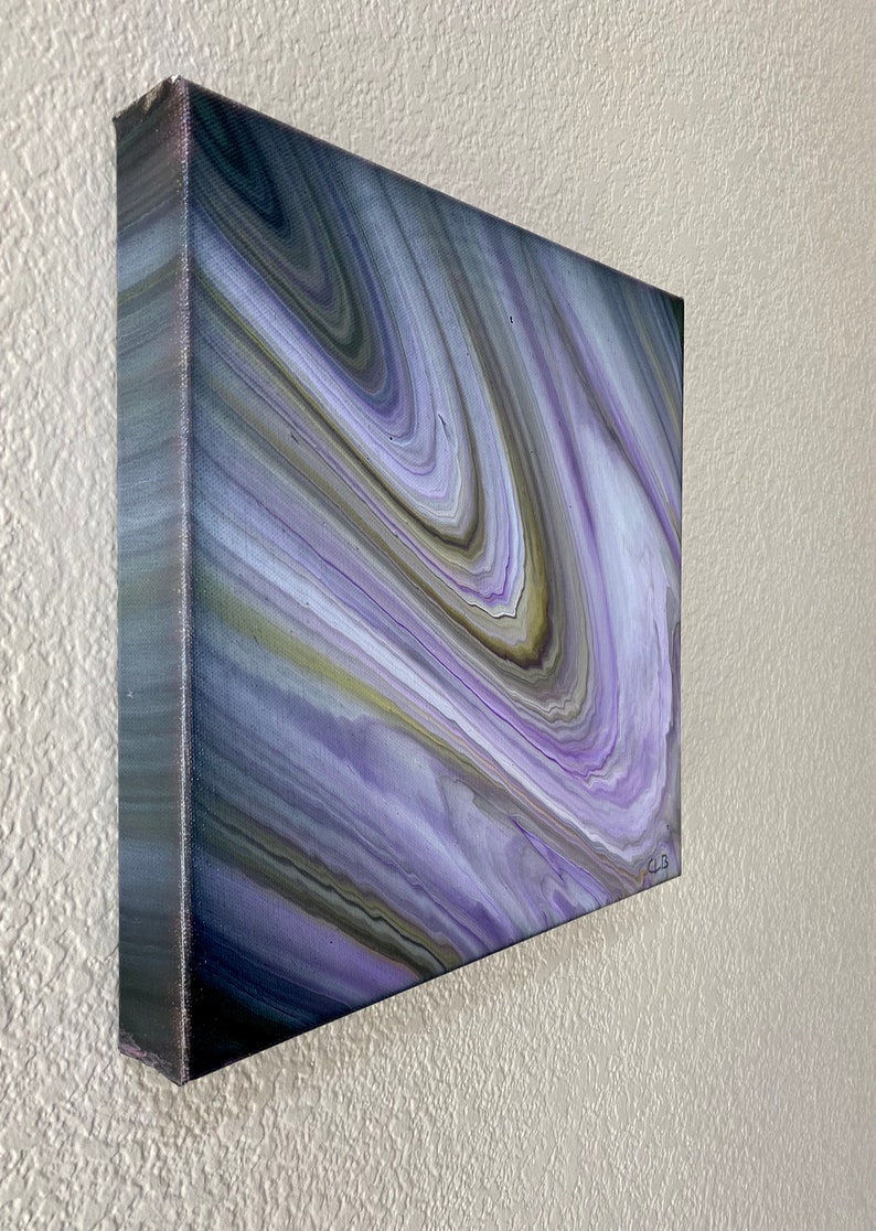 Abstract Acrylic Pour Painting on 12x12x1.5 Canvas Acrylic Pour wpurples and blacks Title Teramo