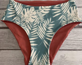 Dusty blue hawaii. print reversible high waisted full coverage  bikini bottoms   xs thru xxl