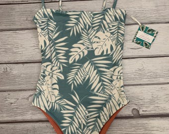 Dusty Blue Hawaiin reversible one piece swimsuit  moderate coverage back  sizes xs thru xl