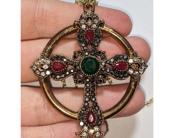 Medieval Style Gem Encrusted Cross Necklace
