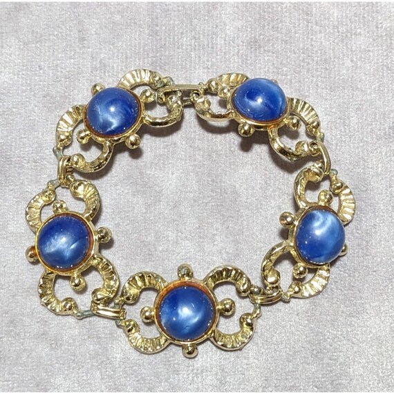 Vintage Art Nouveau Gold And Blue Gemmed Bracelet - image 3