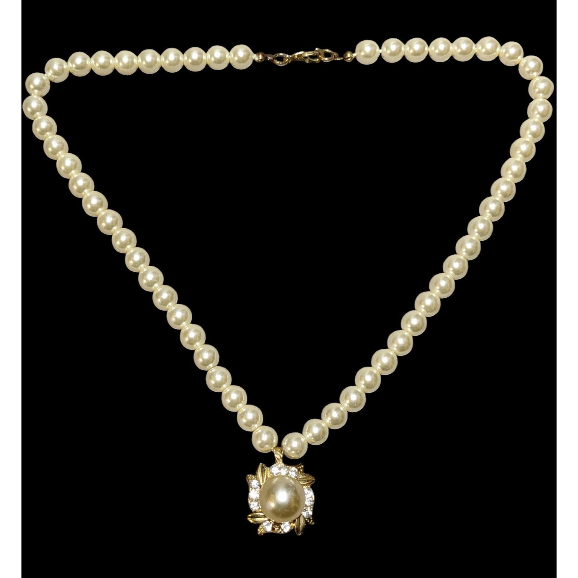 Vintage Floral Gold Pearl Rhinestone Pendant Necklace - Etsy