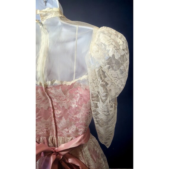 Vintage Handmade Pink Satin White Lace Floral Dre… - image 5