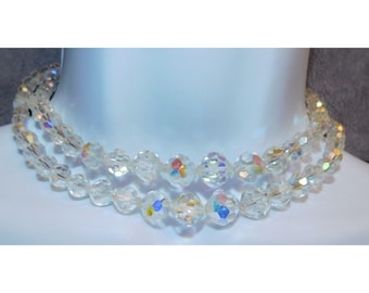 Vintage Aurora Borealis Crystal Beaded Double Strand Necklace