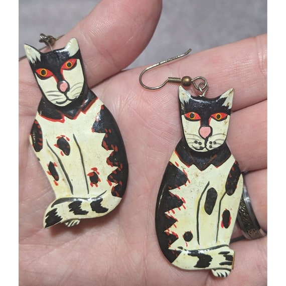 Vintage Wooden Cat Earrings - image 1