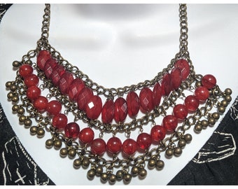 Vintage Cranberry Beaded Bib Necklace