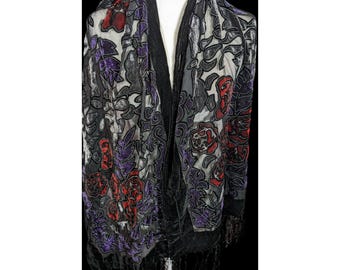 Vintage Gothic Floral Red Purple And Black Velvet Burnout Scarf With Fringe