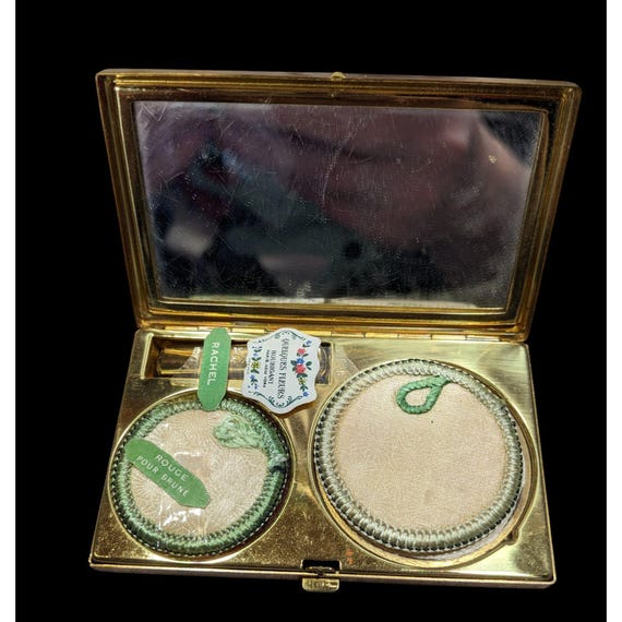 Vintage Houbigant Gold Tone Compact Case With Powder Rouge And Lipstick