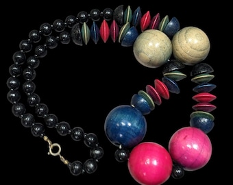 Vintage Rainbow Stained Wood Beaded Necklace