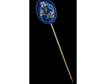 Vintage Blue Floral Enamel Stick Pin Gold-Tone Accent Hand-Painted Design