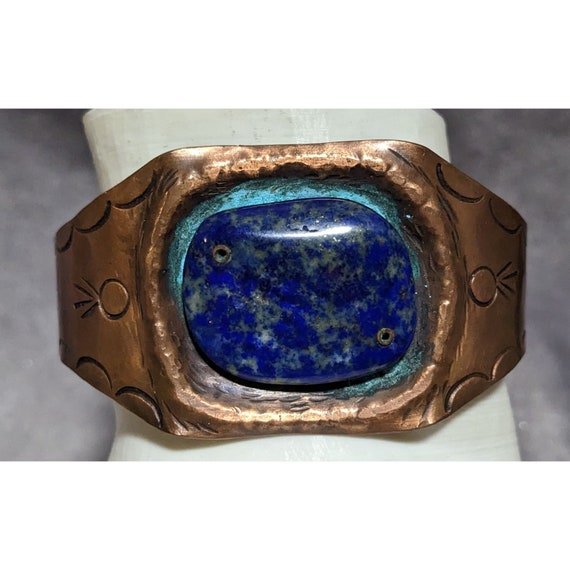 Lapis Lazuli Copper Engraved Cuff Bracelet - image 1