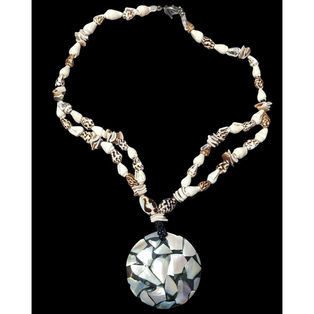 Vintage Shell Inlay Pendant Seashell Beaded Necklace - Etsy