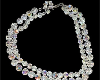 Vintage Double-Strand Aurora Borealis Crystal Bead Necklace