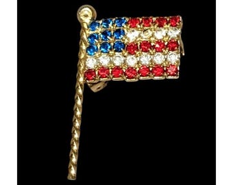 Broche Vintage Drapeau USA En Or Avec Cristaux - Couleurs Bleu Blanc Rouge - État Impeccable